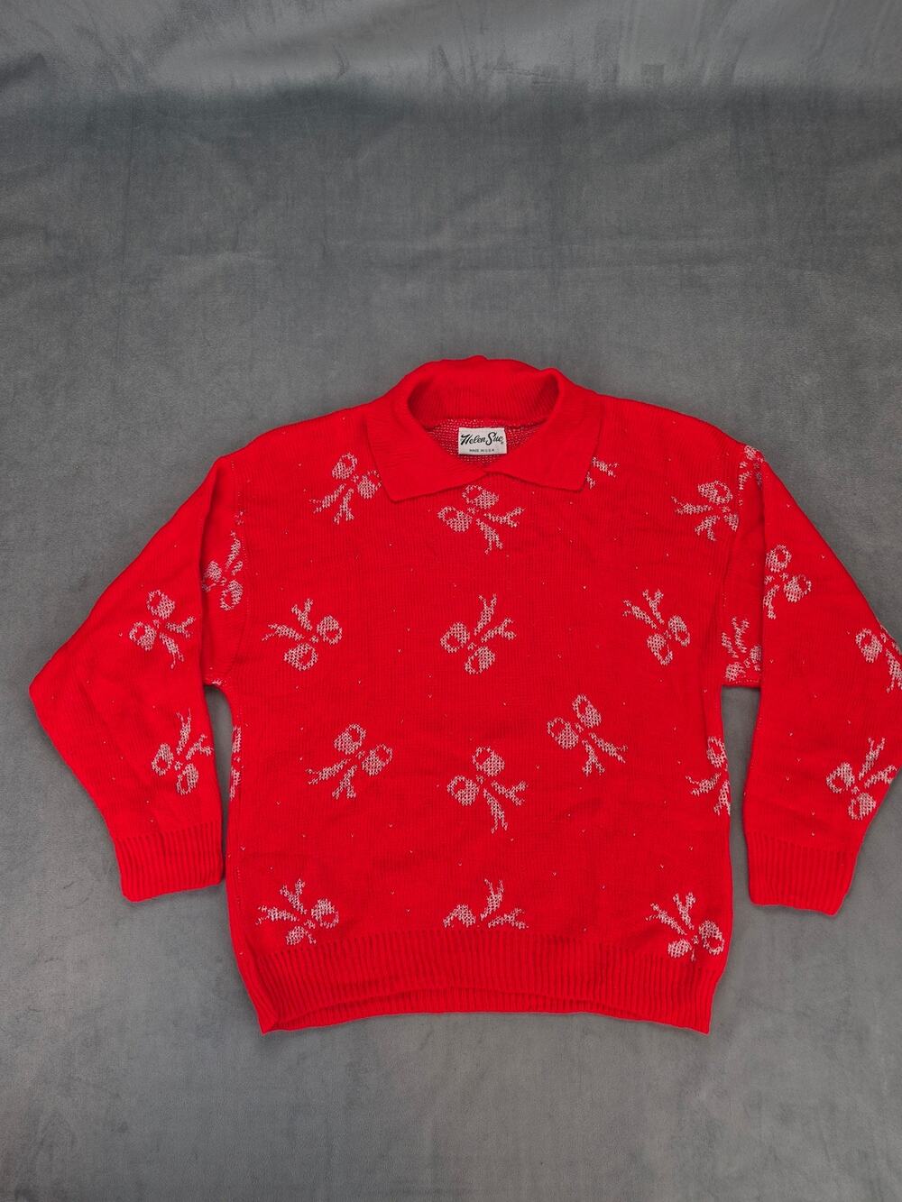 Helen Sue Vintage Ugly Christmas Grannycore Red Silver Bow Sweater Small